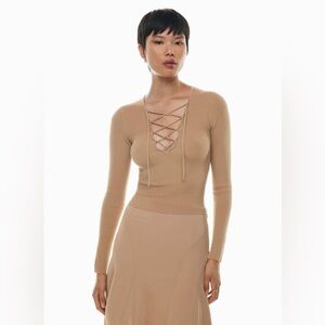 Aritzia Wilfred Tether Sweater Lace-up knit sweater, peach rose, size medium